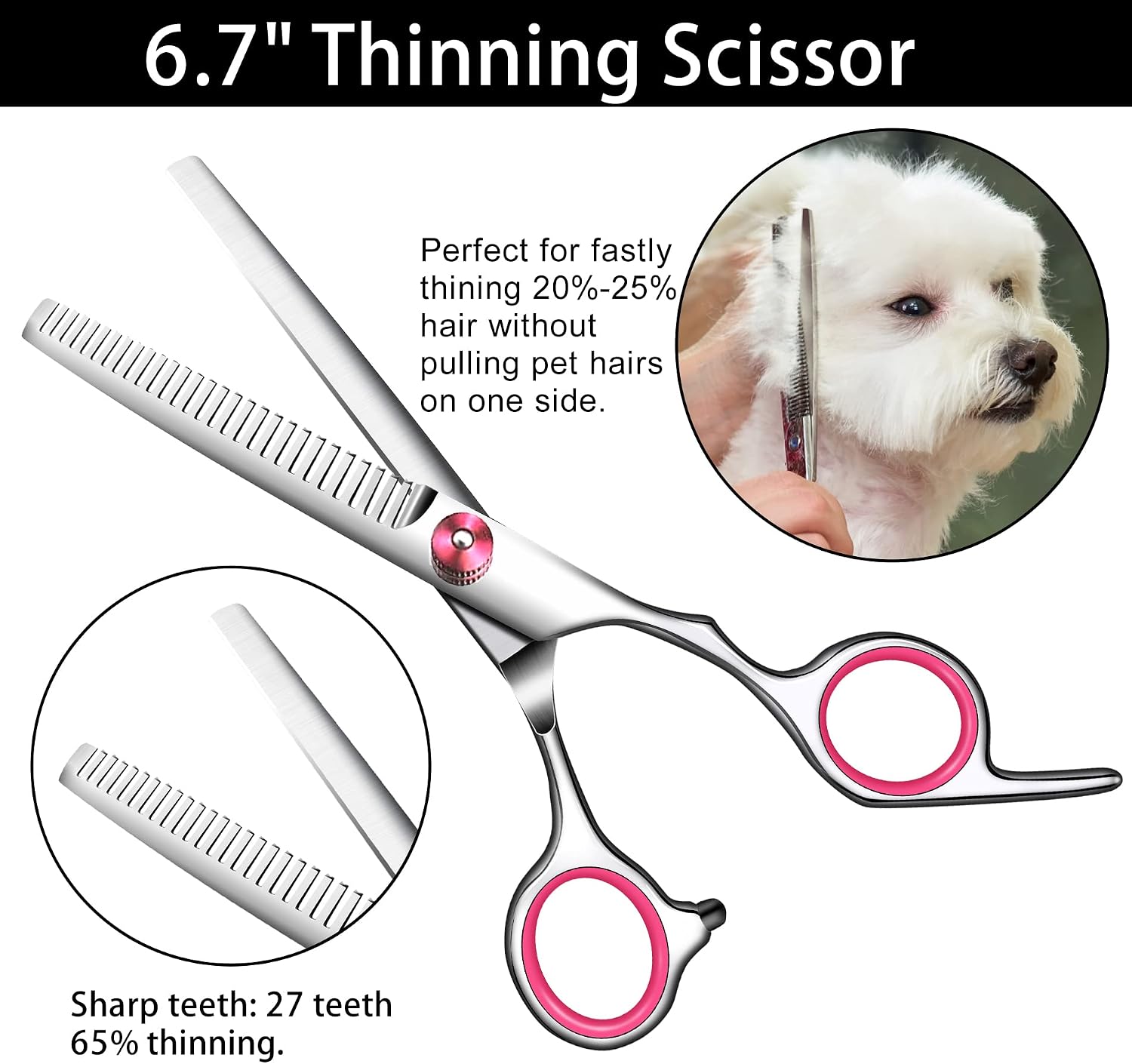 Ergonomic right handed pet shears handle with pink rubber ring inserts.