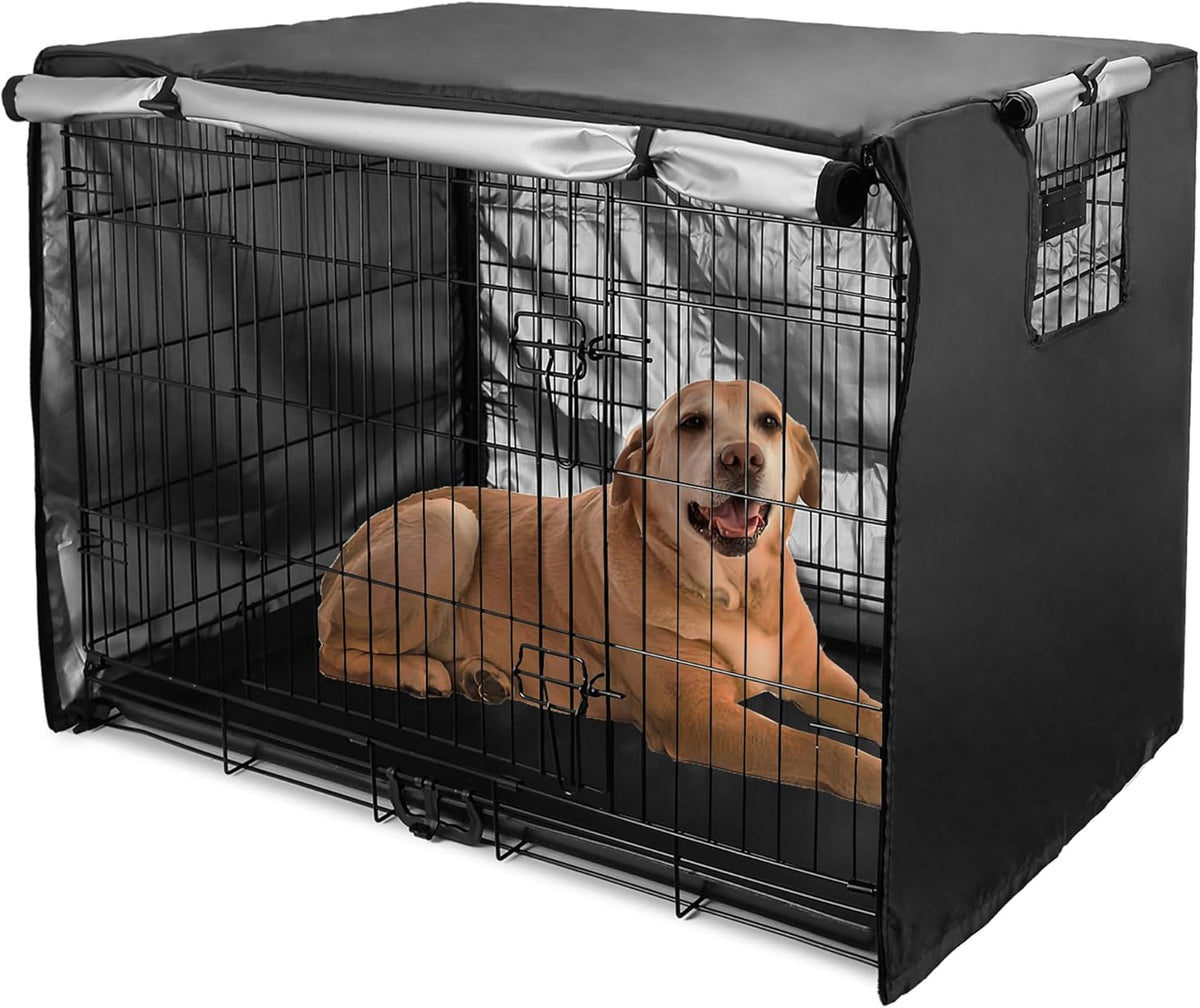Medibot dog crate cover 36 inch front view on a black wire pet cage