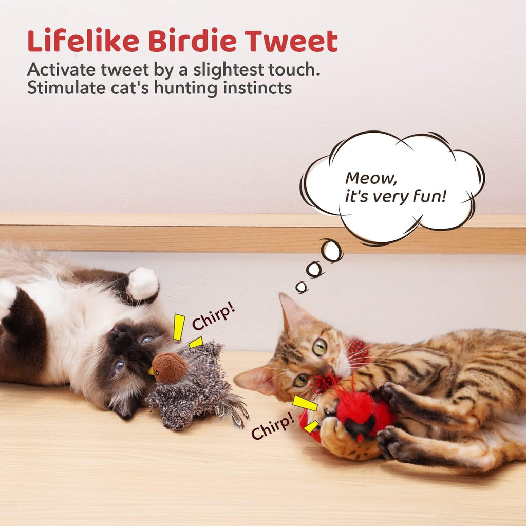 Two lifelike sparrow and cardinal bird cat toys