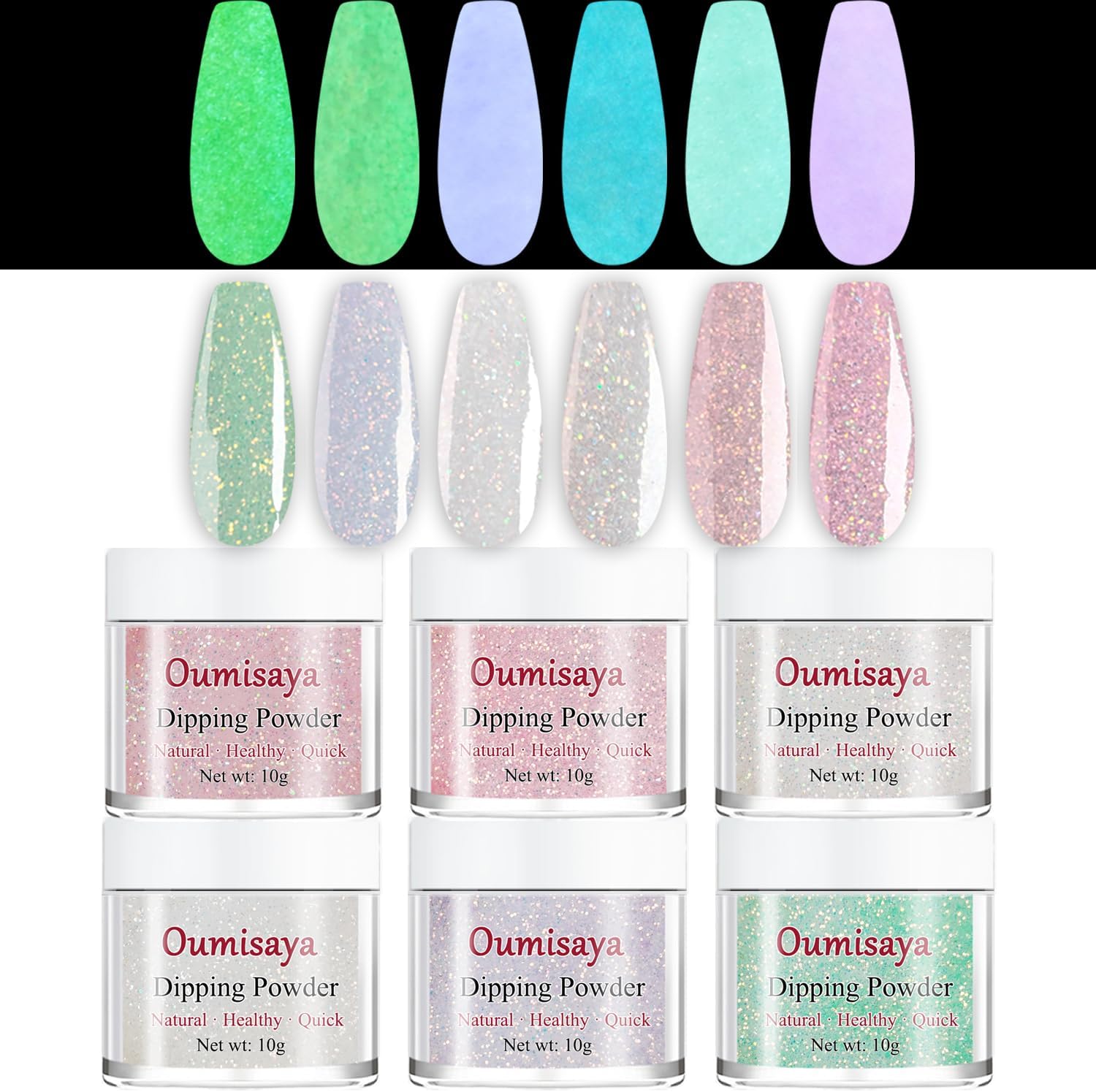 Oumisaya glitter glow in the dark nail dip powder 6 colors set front view