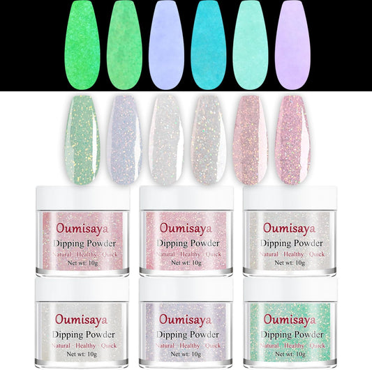 Oumisaya glitter glow in the dark nail dip powder 6 colors set front view