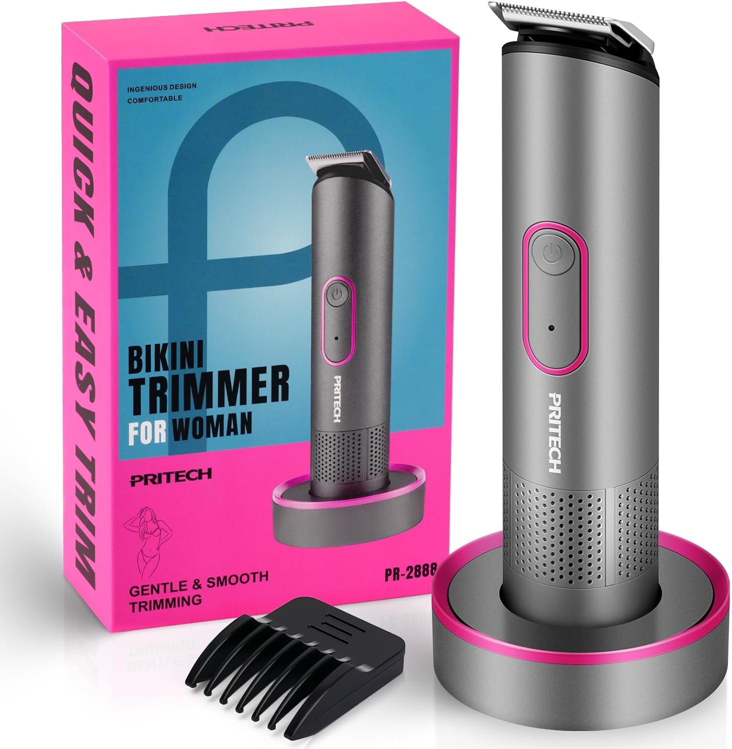 PRITECH Bikini Trimmer for Women front view showcasing the sleek slate grey cordless body and protective cap.