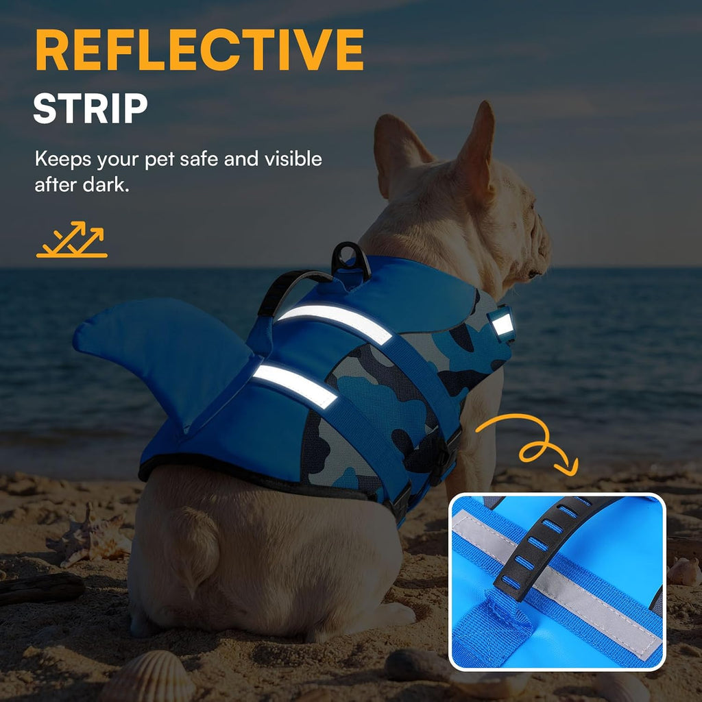 Queenmore blue camo life jacket showcasing reflective safety strip details