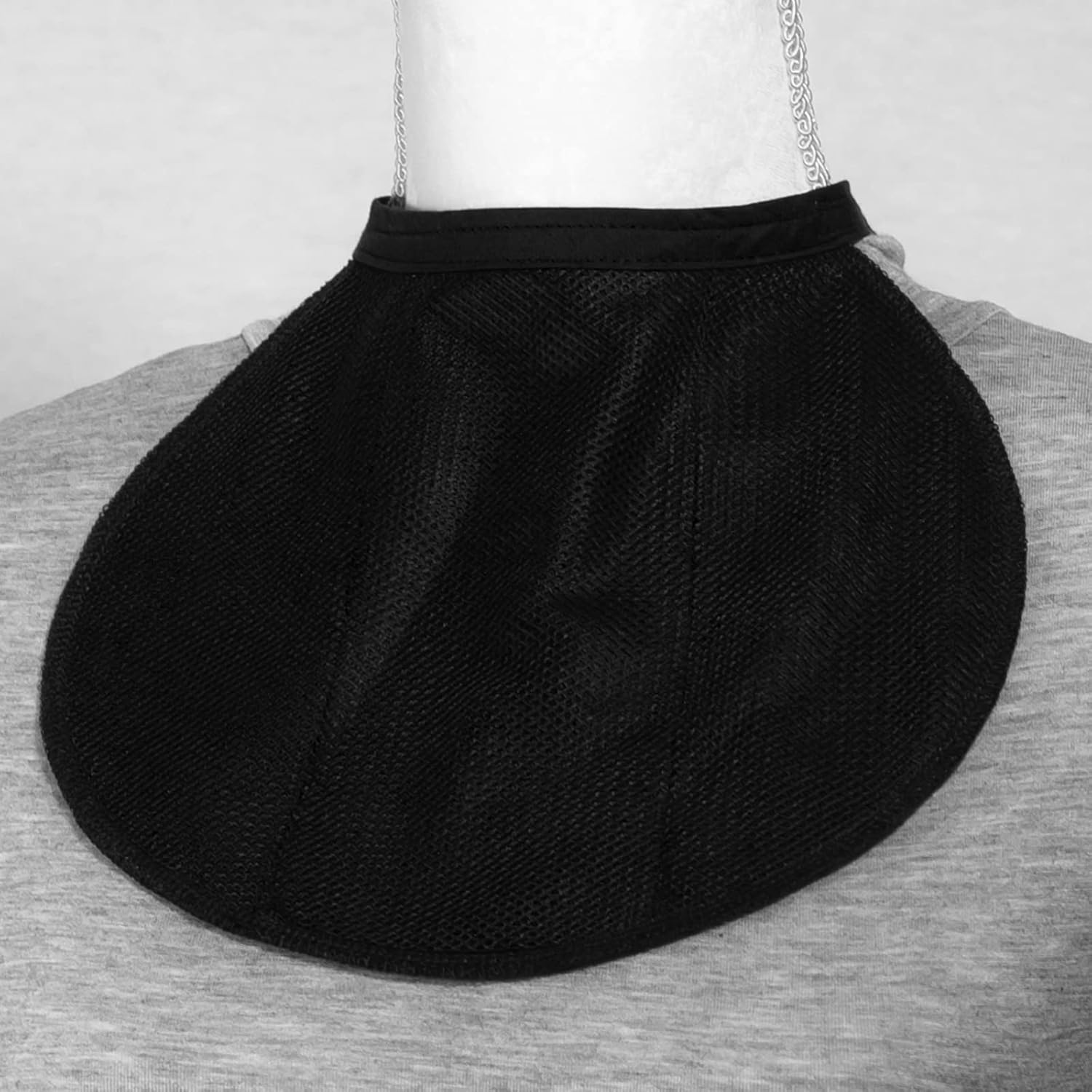 Romet Blouse-Neck Stoma Cover Black front view showing breathable mesh texture for laryngectomy care.