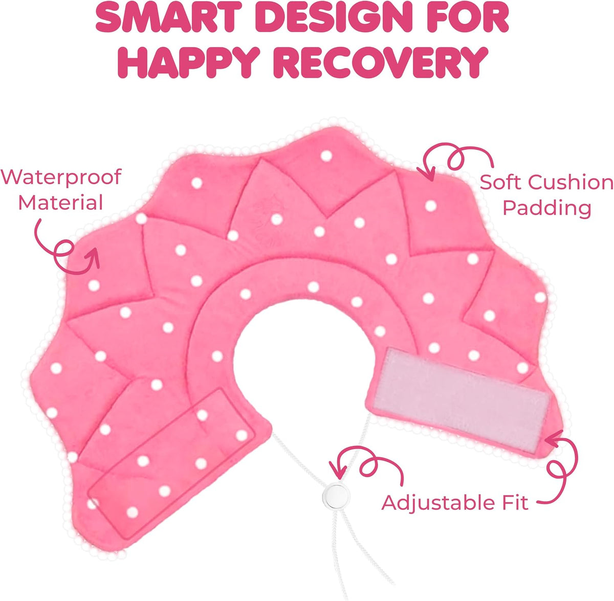 Lightweight pink polka-dot pet recovery cone preventing cats from licking wounds