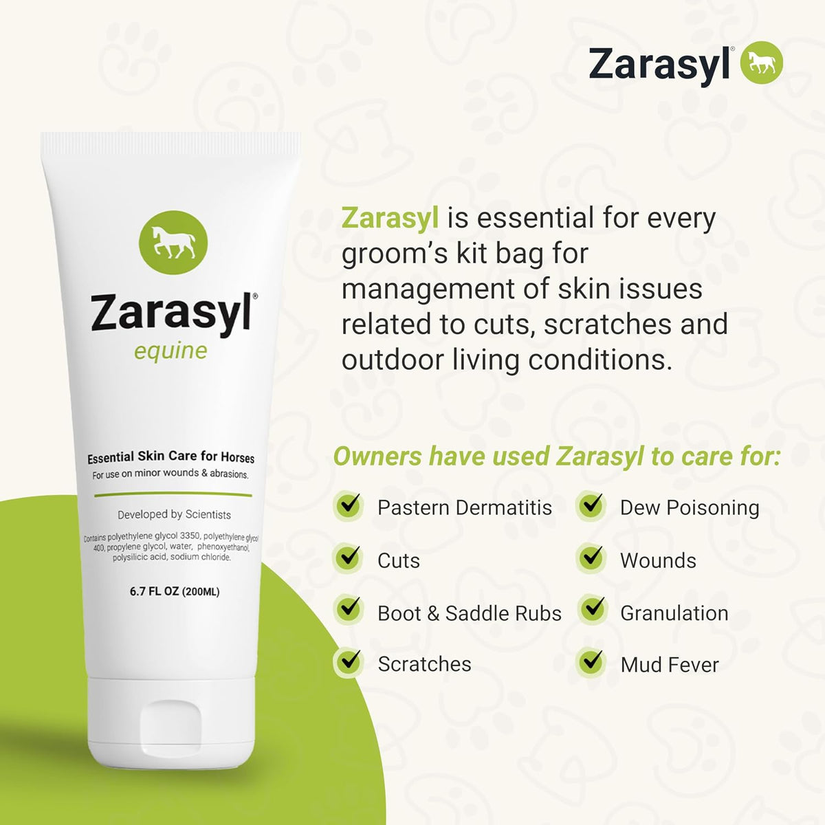 Back of Zarasyl horse skin care cream packaging