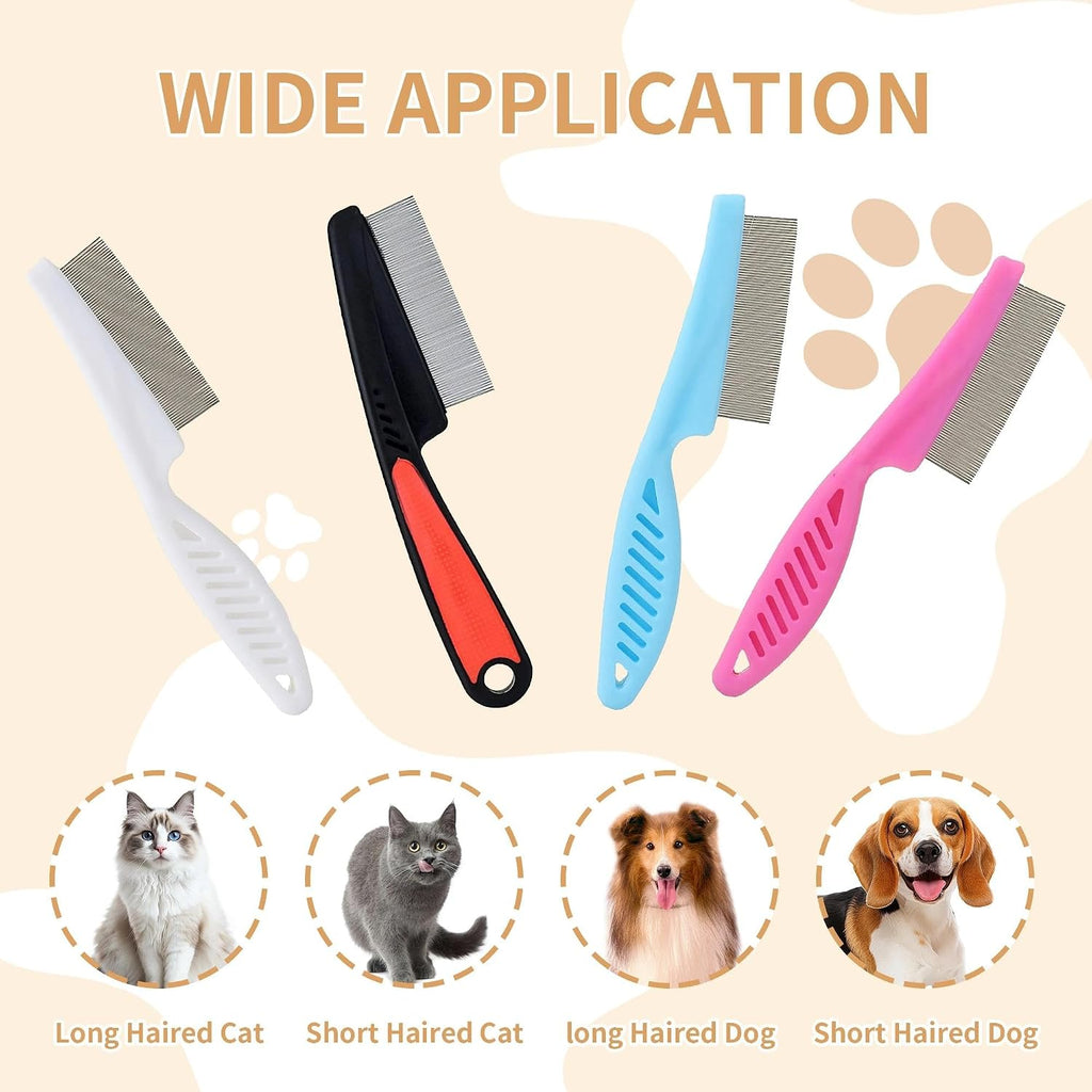 Four colorful flea combs for dogs and cats