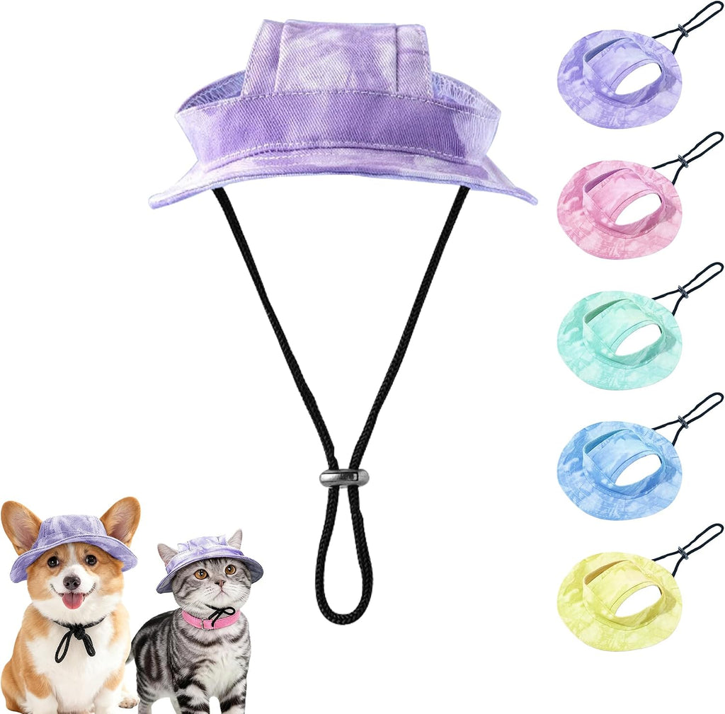 Folded blue tie-dye pet hat for travel and storage