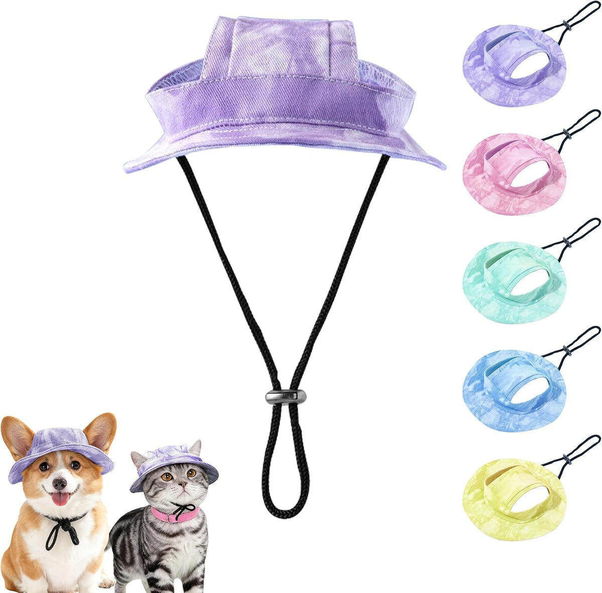 Folded blue tie-dye pet hat for travel and storage