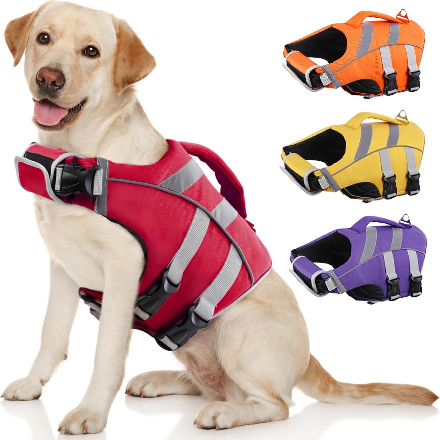 Kuoser Dog Life Jacket front view showing bright red ripstop fabric and reflective safety stripes