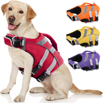 Kuoser Dog Life Jacket front view showing bright red ripstop fabric and reflective safety stripes