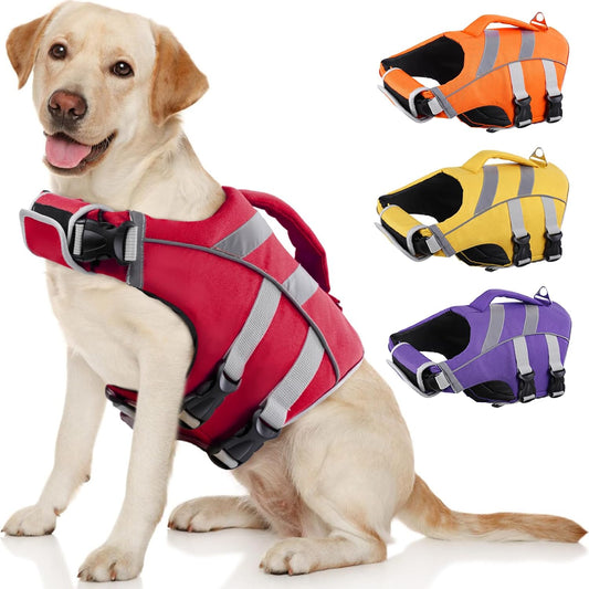 Kuoser Dog Life Jacket front view showing bright red ripstop fabric and reflective safety stripes