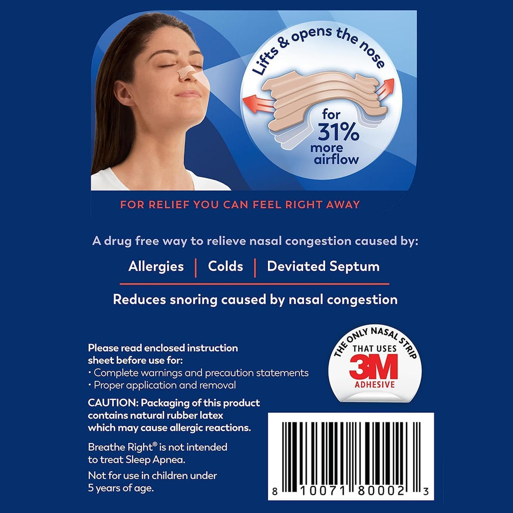 Breathe Right Nasal Strips, Extra Strength Tan Nose Strips, Drug-Free Nasal Congestion Relief for Better Breathing, Help Relieve Snoring, Caused by Colds & Allergies, Deviated Septum, 26ct - Image 6