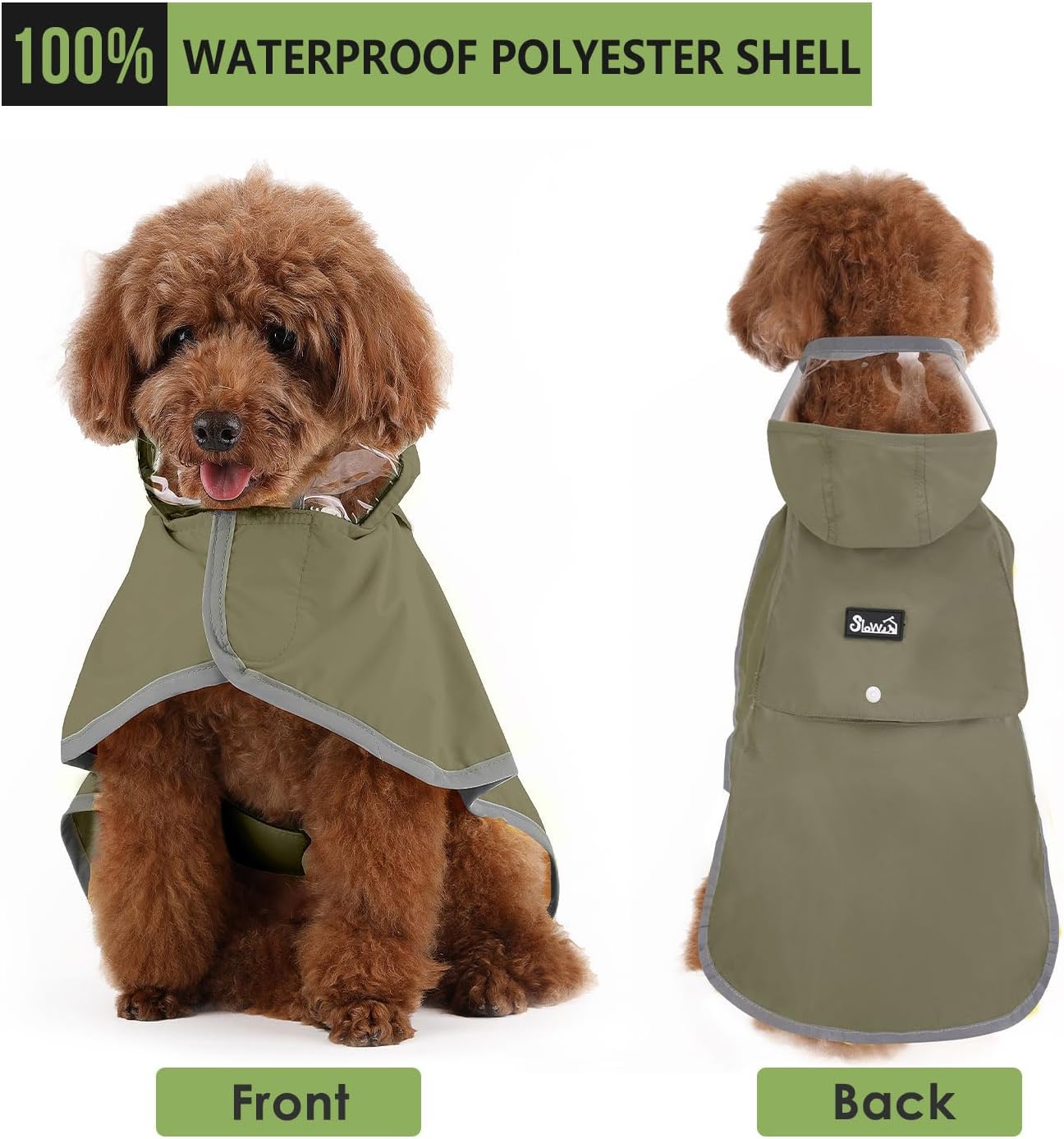 Lukovee green dog raincoat detailing the built-in leash hole protection cover