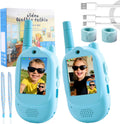 Zipvac kids video walkie talkies front view showing light blue rechargeable units with dual cameras and high definition screens.