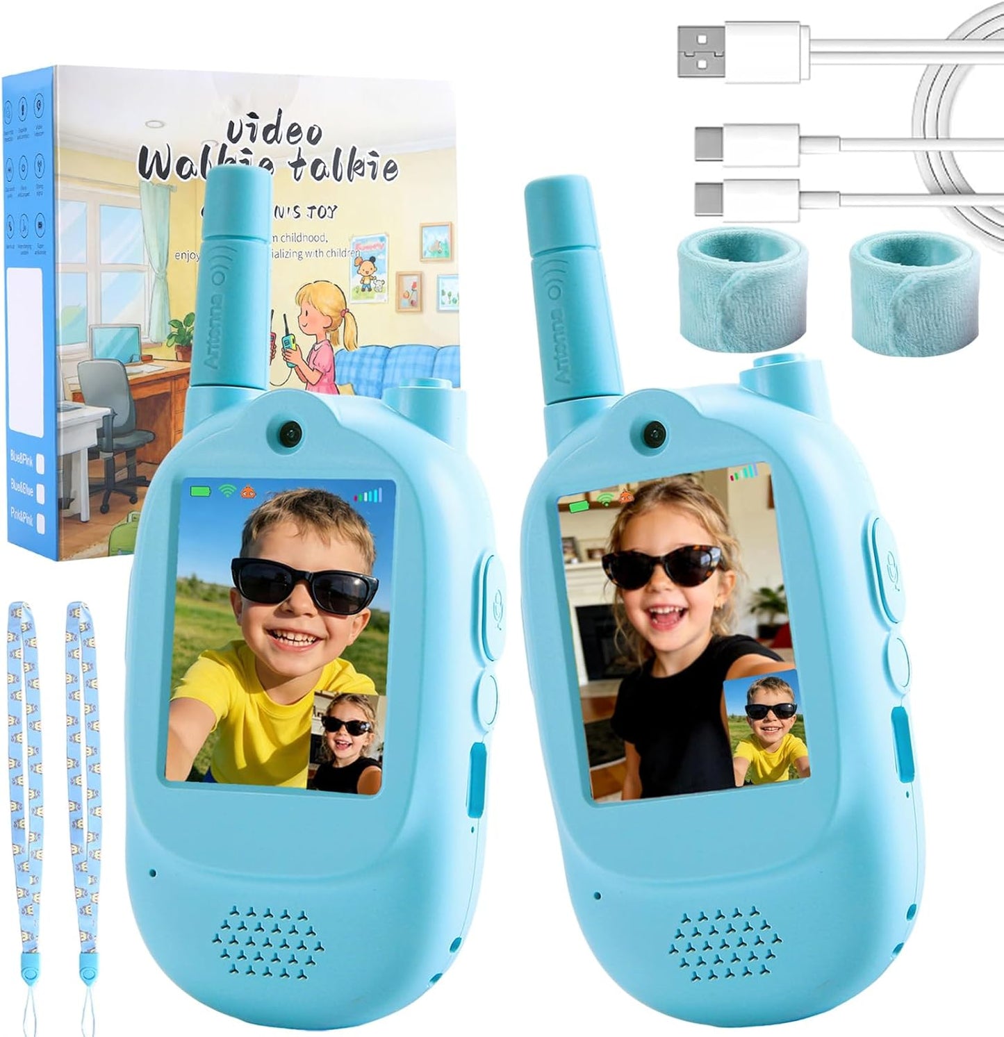 Zipvac kids video walkie talkies front view showing light blue rechargeable units with dual cameras and high definition screens.