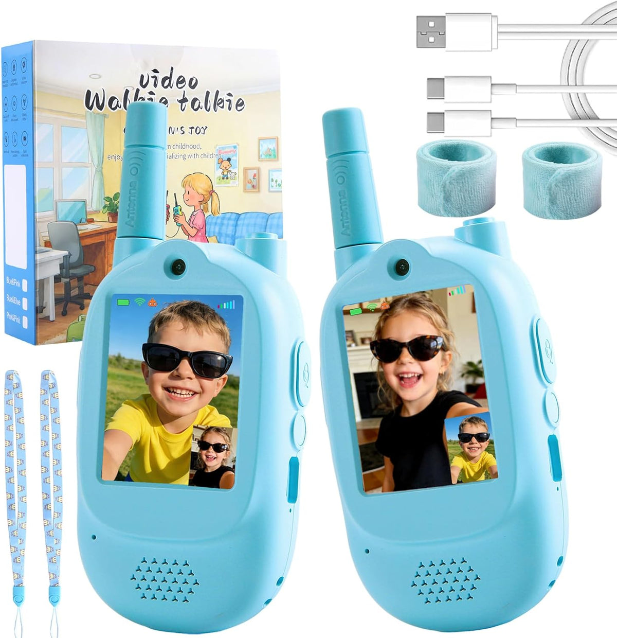 Zipvac kids video walkie talkies front view showing light blue rechargeable units with dual cameras and high definition screens.