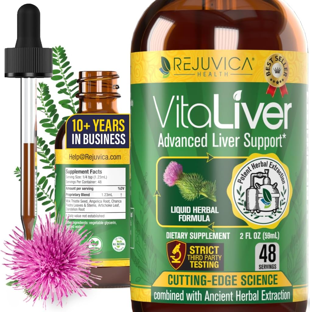 Rejuvica Health VitaLiver liquid drops bottle front view for liver health support.