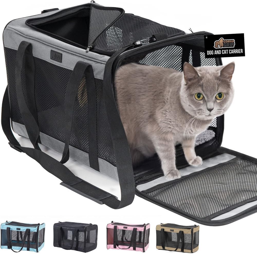 GORILLA GRIP Cat Carrier Travel Bag Up to 15 Lbs, Soft Collapsible Small Dog Carriers, Top and Side Entry Breathable Mesh, Grip Feet on Underside, Cozy Washable Waterproof Pad, Portable Kennel, Gray - Image 1