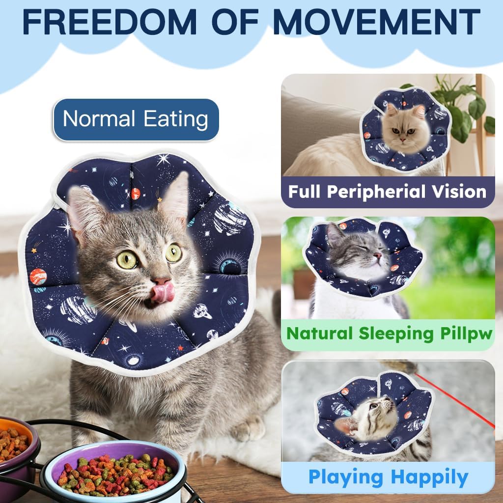 Cat wearing Hpetppy soft donut collar while sleeping peacefully on a cushion