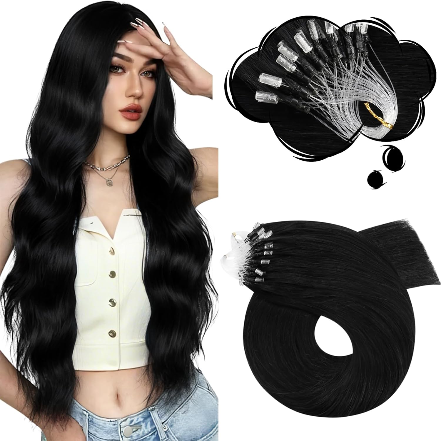 Moresoo Micro Link Human Hair Extensions Jet Black front view premium packaging packaging