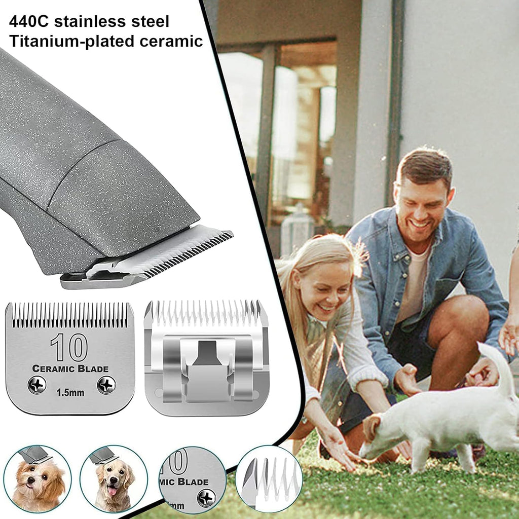 Three pack of professional pet clipper blades highlighting the rust resistant material.