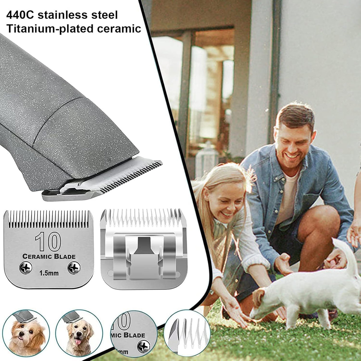 Three pack of professional pet clipper blades highlighting the rust resistant material.
