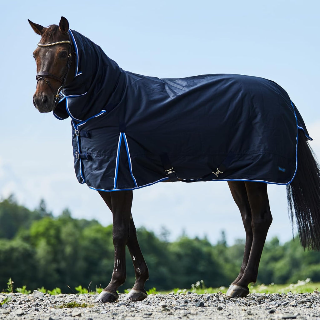 Horze 150g fill horse rug with attached neck cover on a horse outdoors