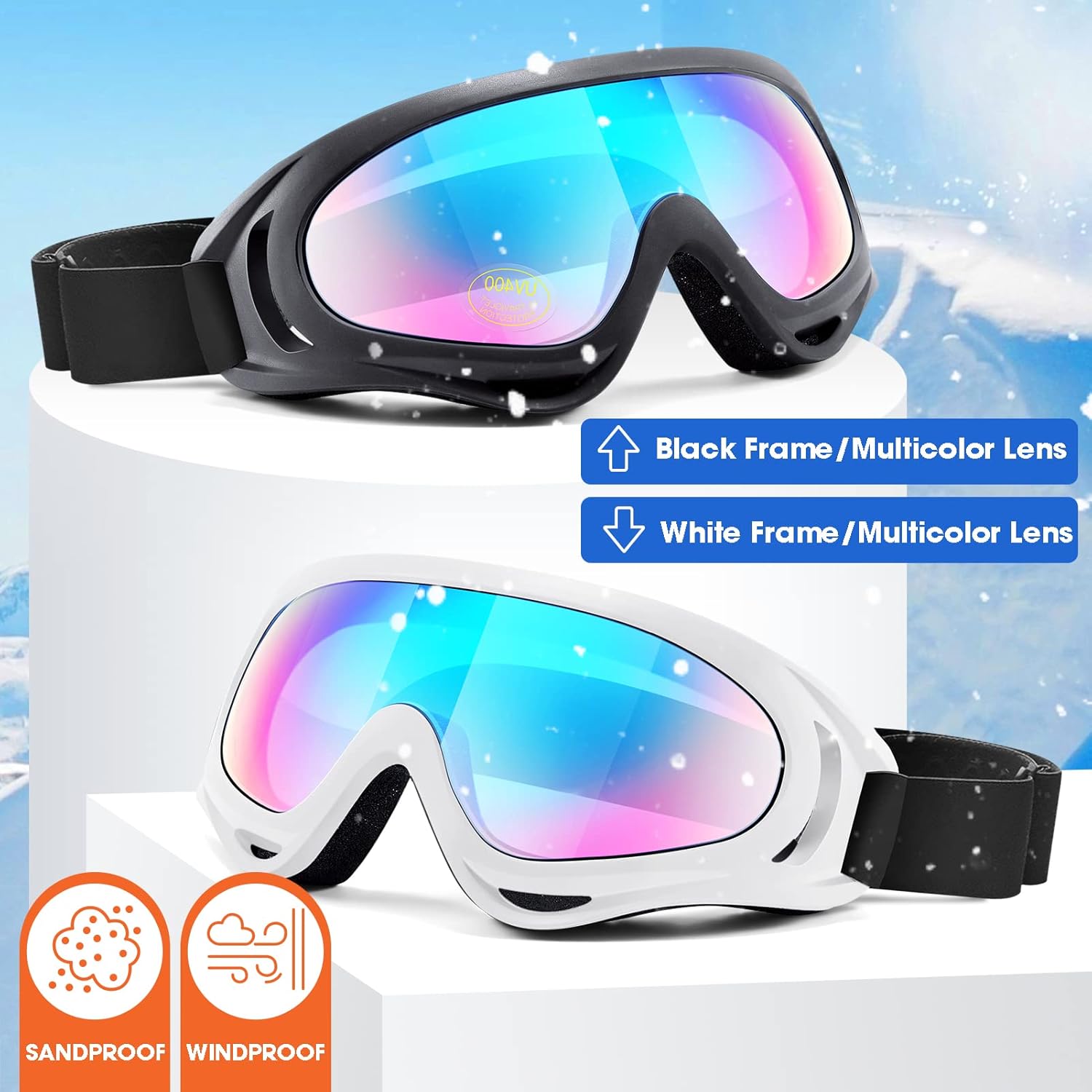 MAMBAOUT snowboard goggles with black frame and colorful UV400 protective lens.