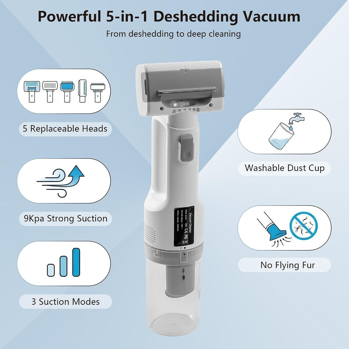 Five in one pet hair removal tool attachments laid out neatly next to the cordless main vacuum body