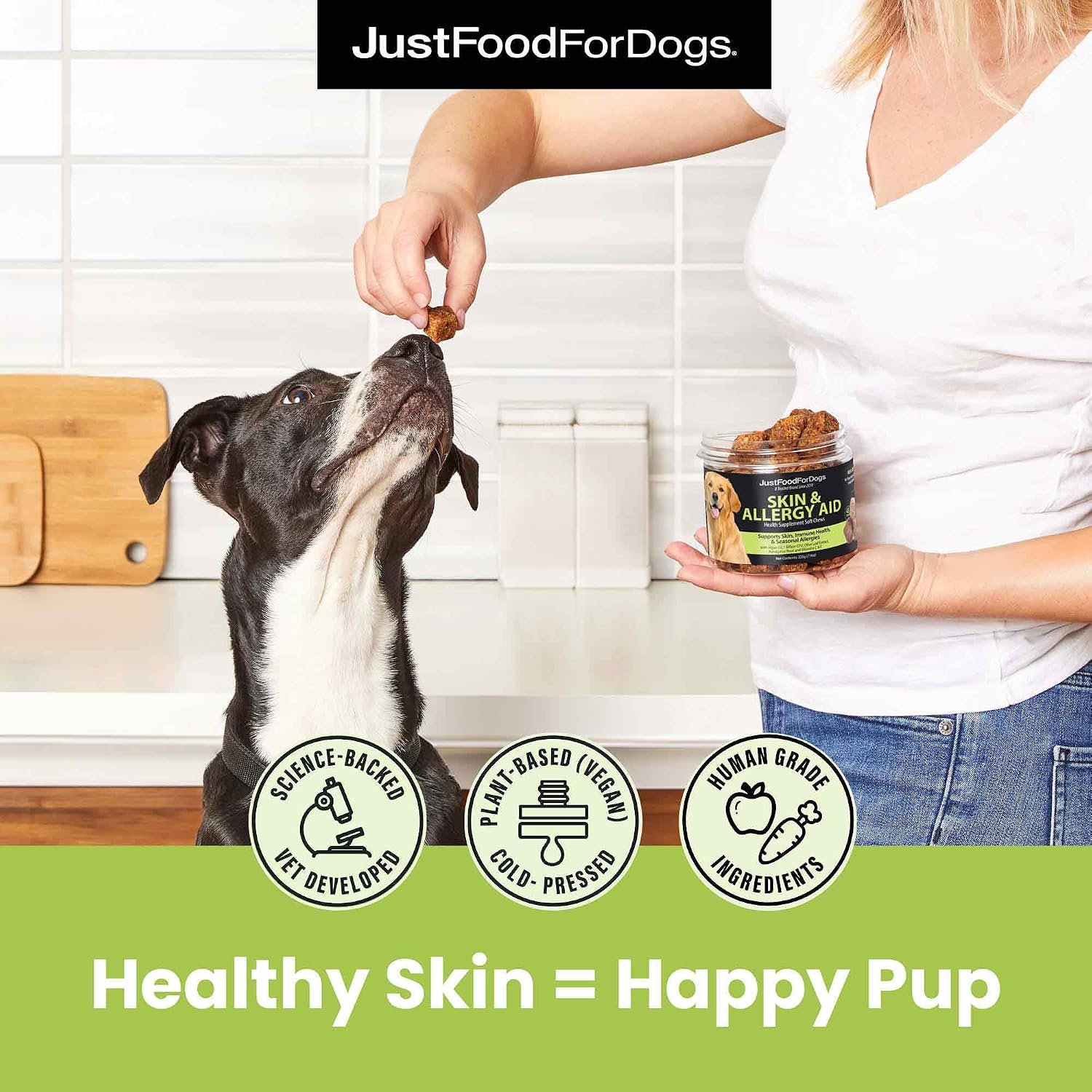 JustFoodForDogs Skin and Allergy supplement bottle showing 45 count