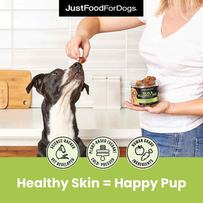 JustFoodForDogs Skin and Allergy supplement bottle showing 45 count