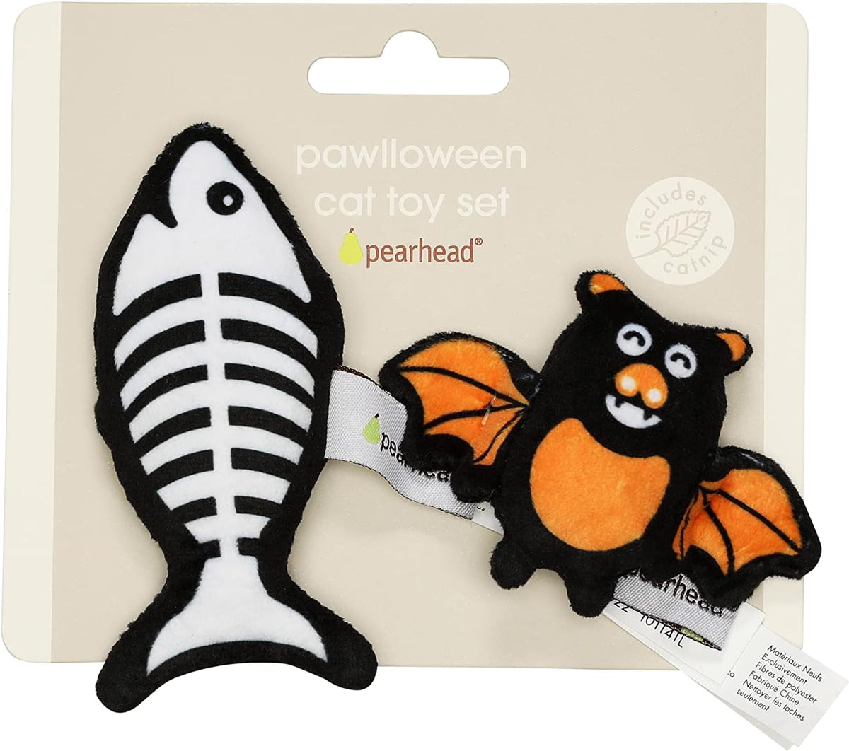 Authentic USA imported Pearhead Halloween two piece catnip toy set for indoor feline exercise.