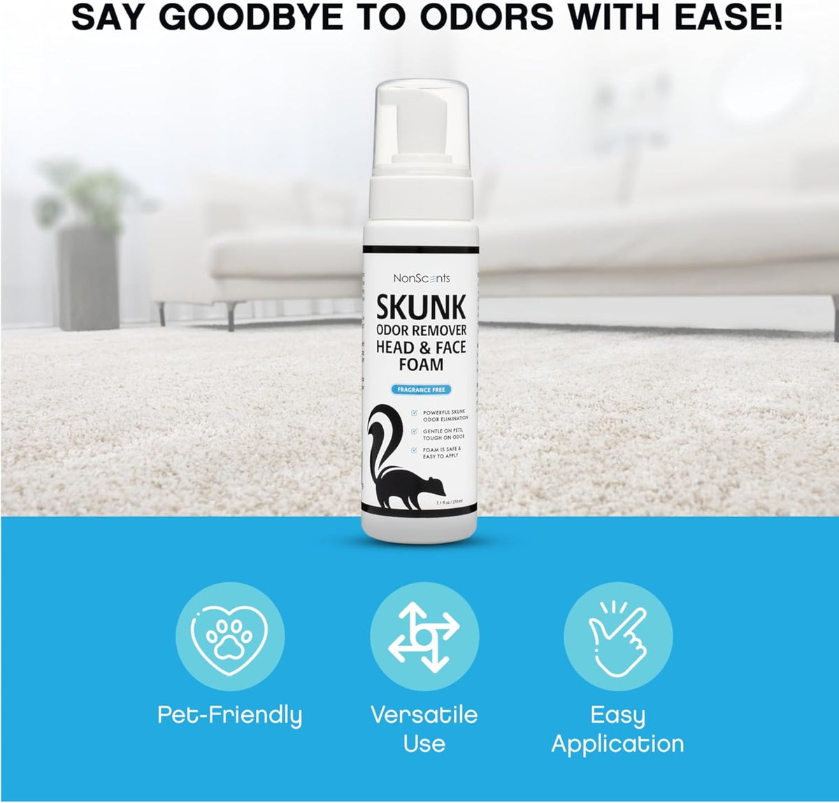 NonScents skunk smell remover bottle alongside included nitrile gloves