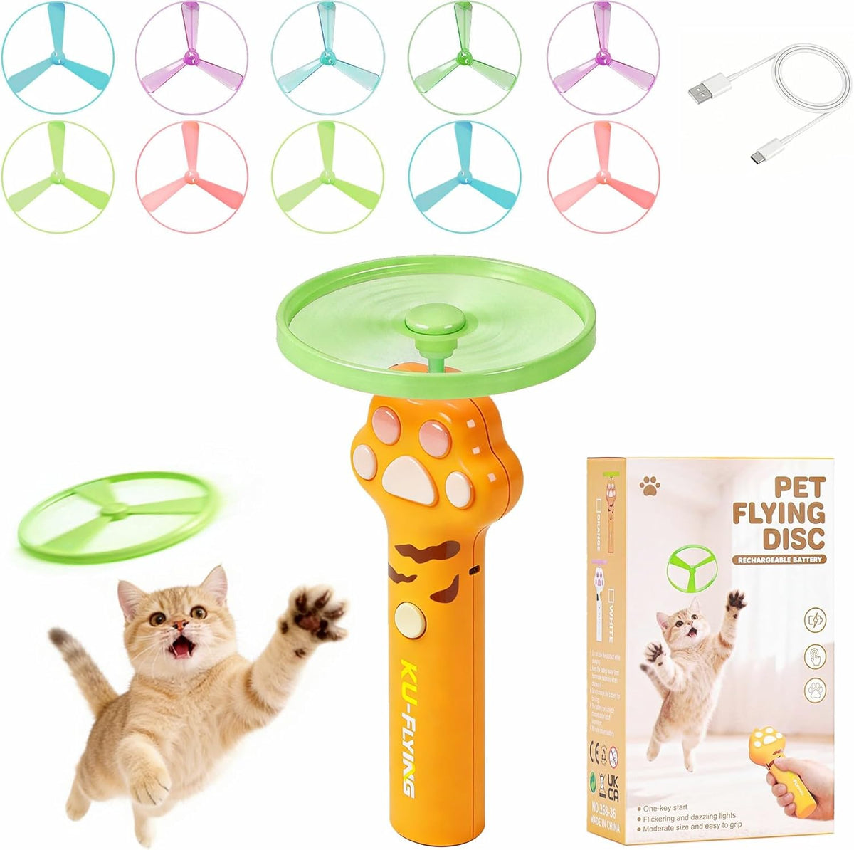 Cat Fetch Toy Launcher with 10 Soft & Flexible Discs, Cat Toys for Indoor Cats, LED Glowing Launcher, Electric Interactive Kitten Toy for Hunting & Exercise, USB Rechargeable - Image 11