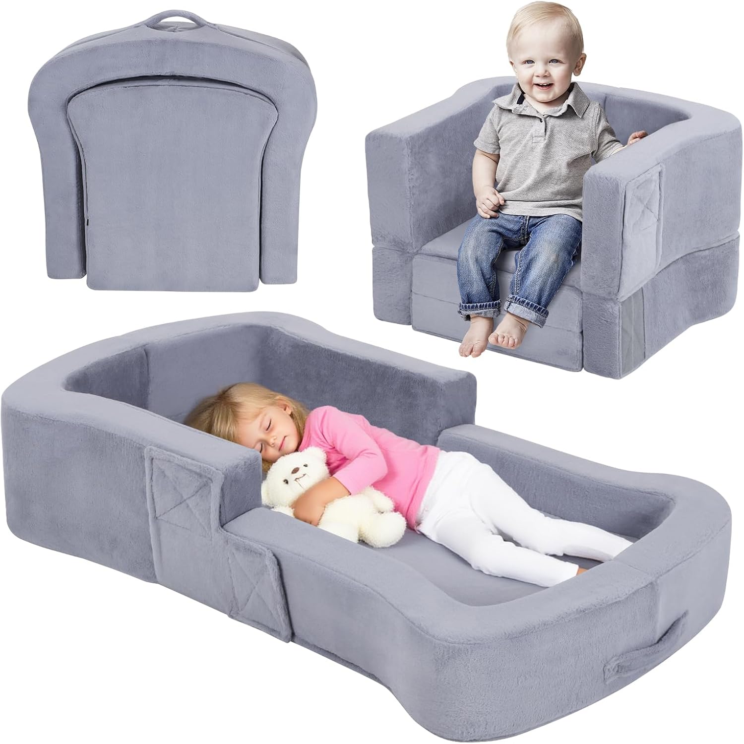 Whiffee 2-in-1 foldable toddler travel bed front view showing the grey velvet floor cot layout with raised safety bumpers.