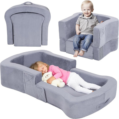 Whiffee 2-in-1 foldable toddler travel bed front view showing the grey velvet floor cot layout with raised safety bumpers.