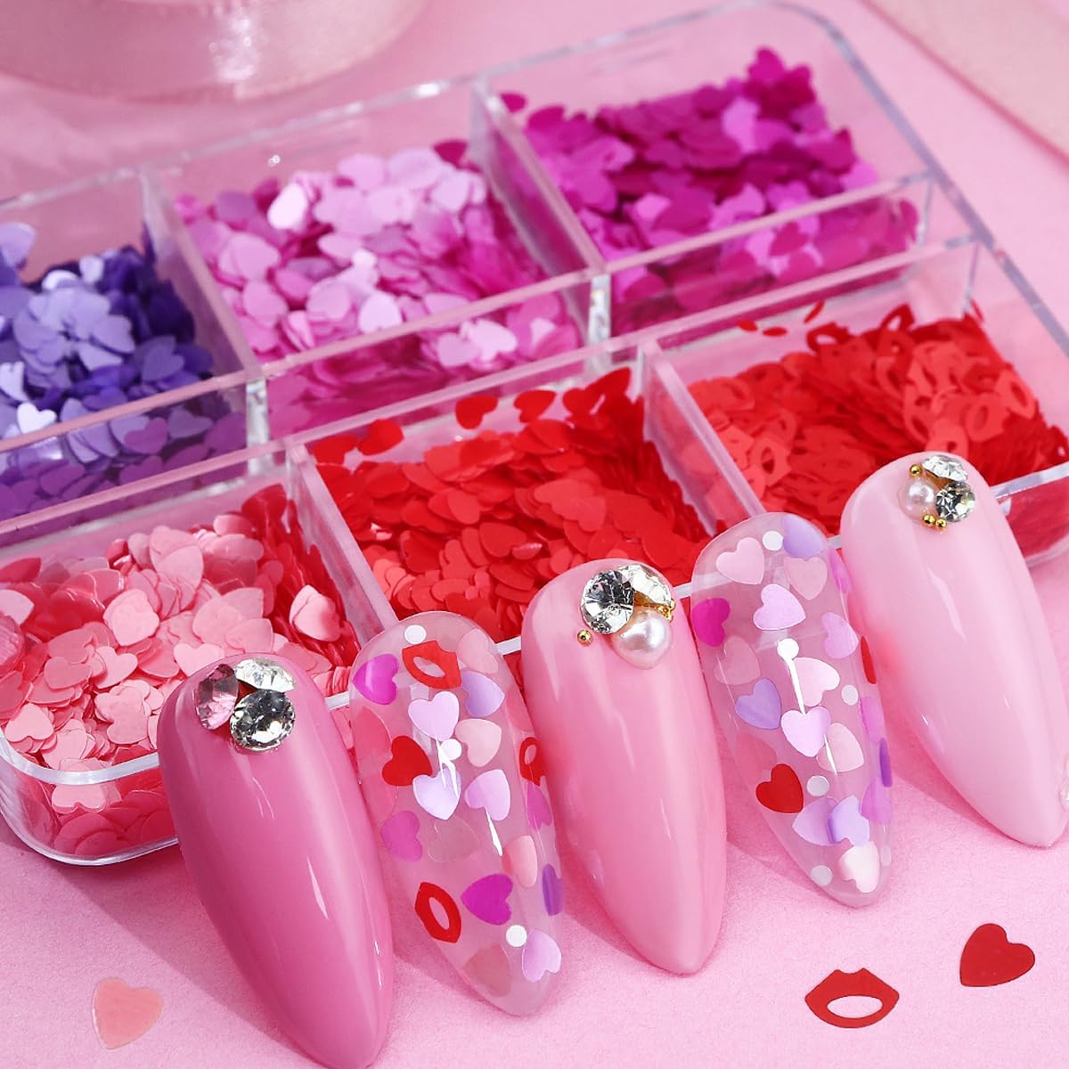Sarata 6 Grids Heart Nail Art Glitter Sequins front view