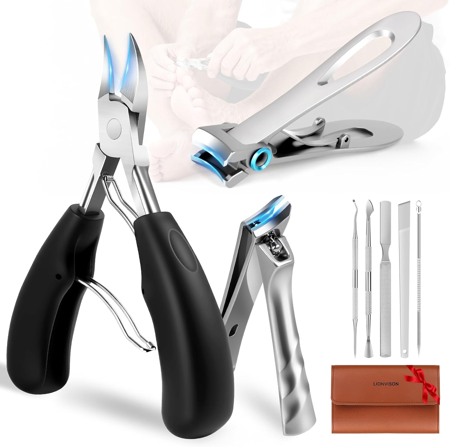 LIONVISON ingrown toenail removal kit front view of 8 pieces inside leather case
