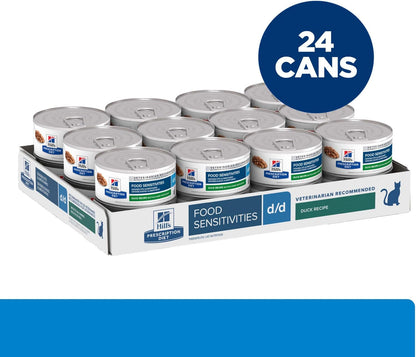 Pack of twenty four cans of Hill's Prescription Diet dd cat food imported packaging