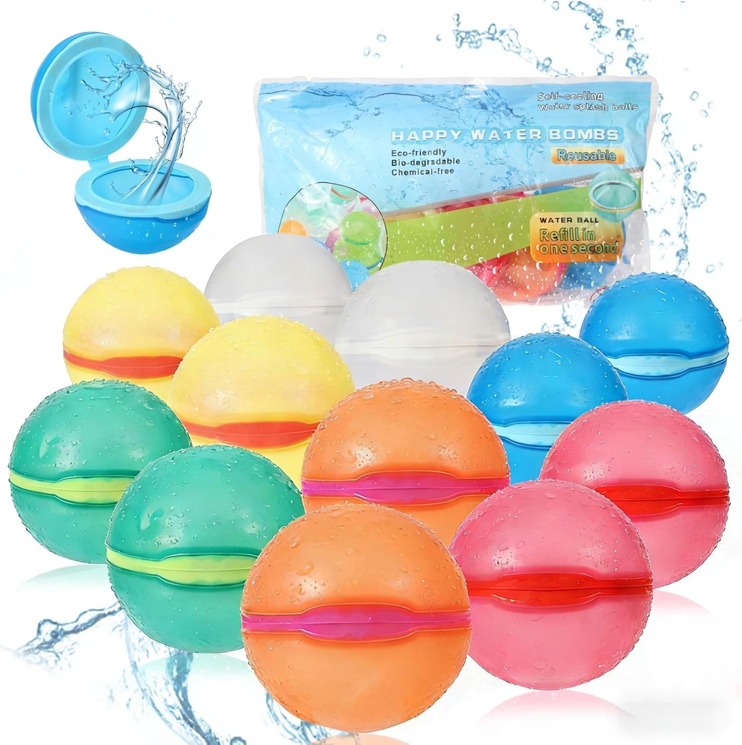 Depokest reusable water balloons 12 pack front view displaying vibrant colorful silicone balls.