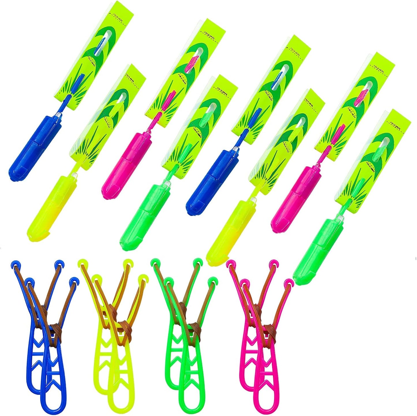 Rocket Copter Slingshot Flying LED Helicopters 24 Pieces package front view showing colorful launchers.