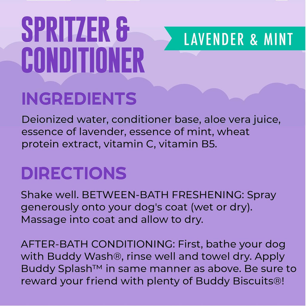 Back view of Buddy Splash grooming spray showing product details