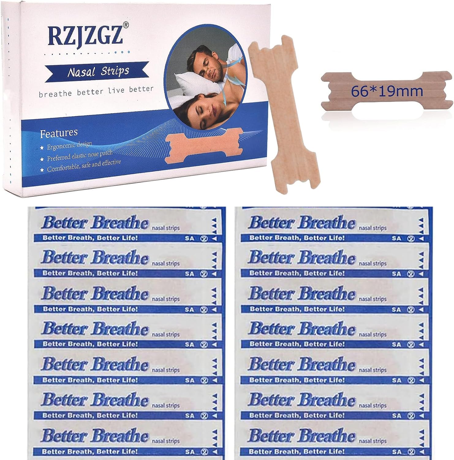 RZJZGZ Large Nasal Strips 60 count box front view for snoring relief.