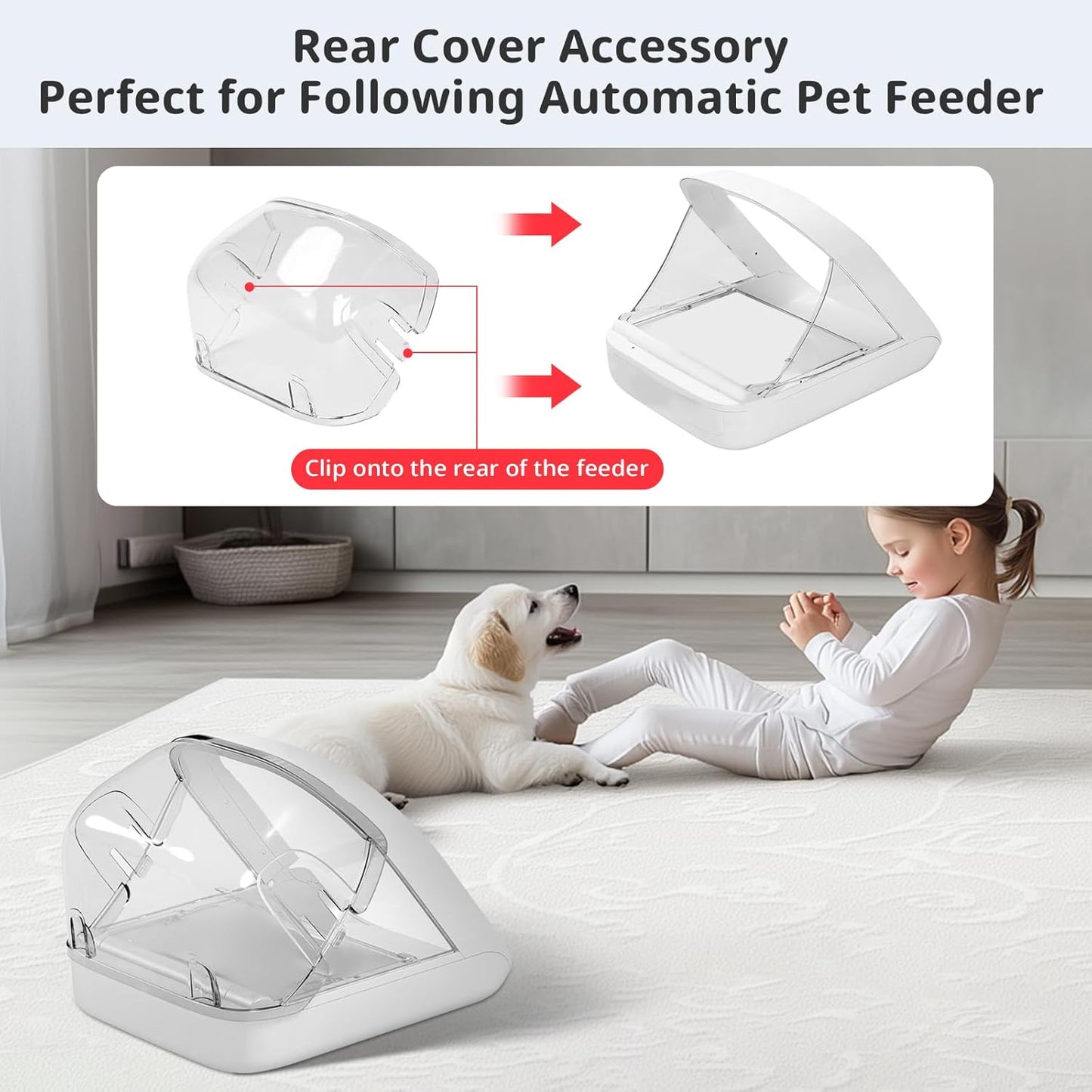 Transparent pet feeder back cover accessory preventing food theft from behind.