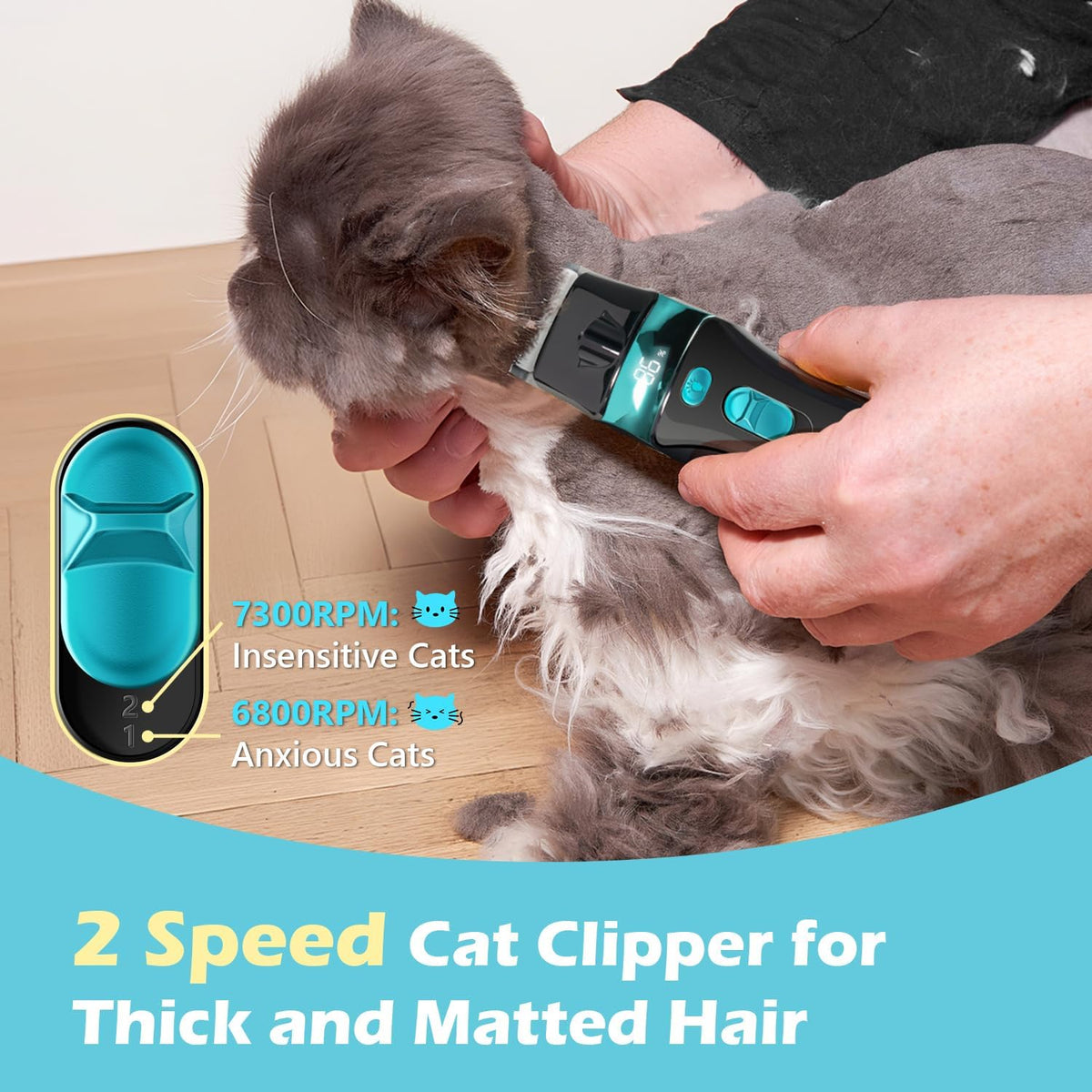 FuzzyFix cordless pet trimmer showing the digital display and ceramic blade