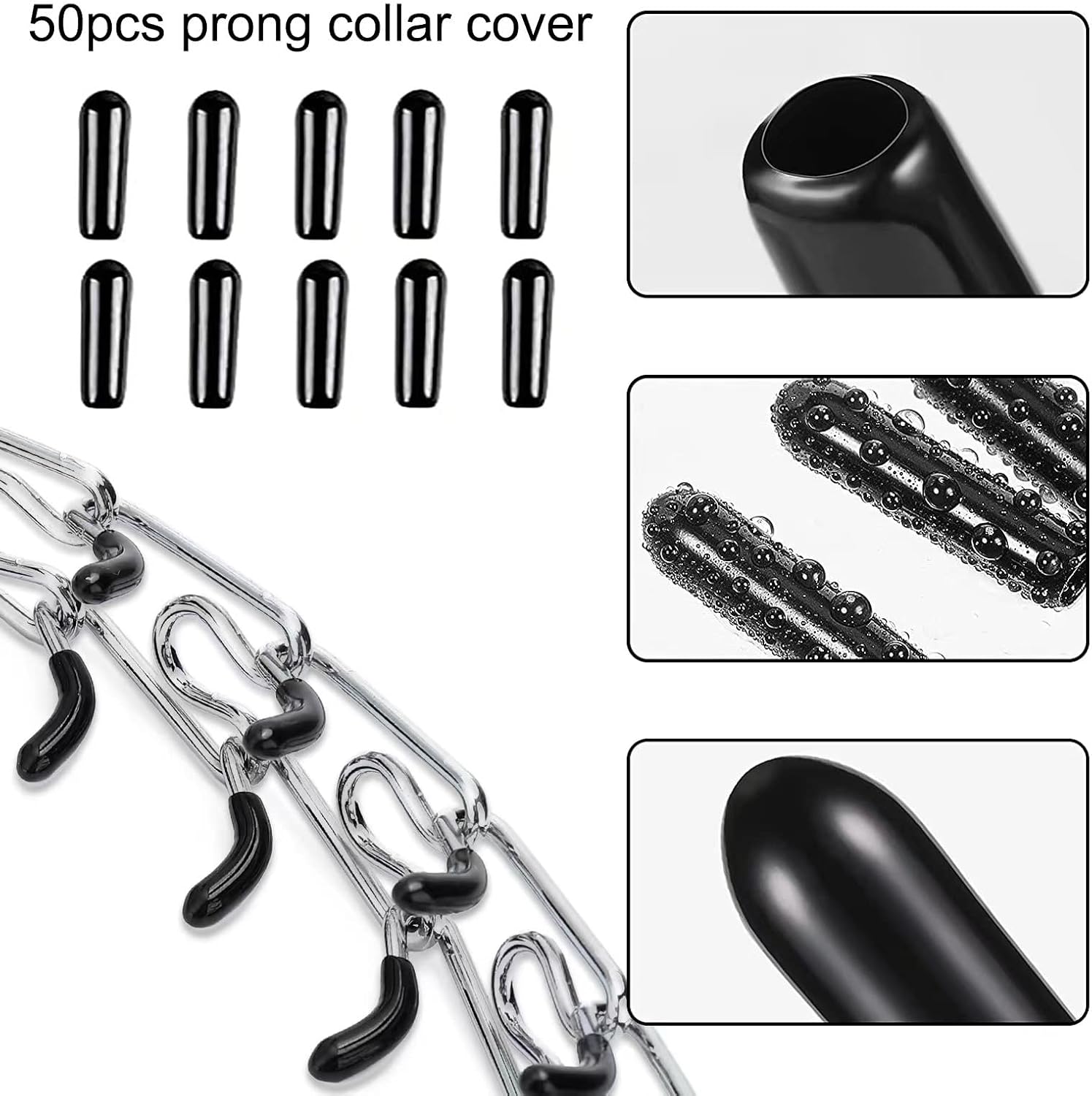 Close up view of vinyl comfort prong collar caps being applied to metal training links.