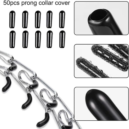 Close up view of vinyl comfort prong collar caps being applied to metal training links.