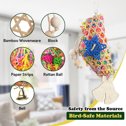 Close up of natural bamboo and woven rattan balls parakeet toy