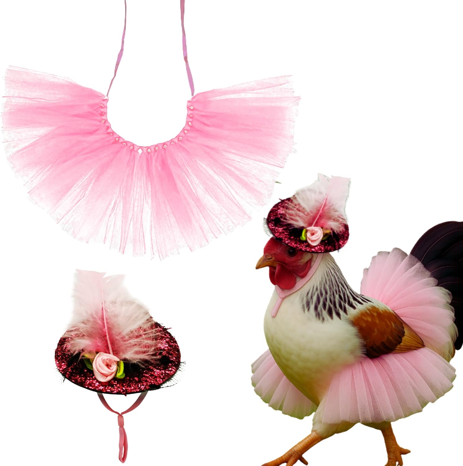 Homedy Crafts chicken tutu and hat costume front view showing pink tulle skirt.
